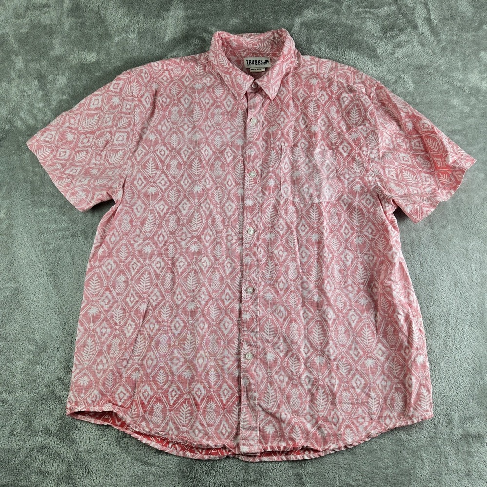 Trunks Surf & Swim Co Shirt Men Large Pink Palm Tree Pineapple Print Linen Blend